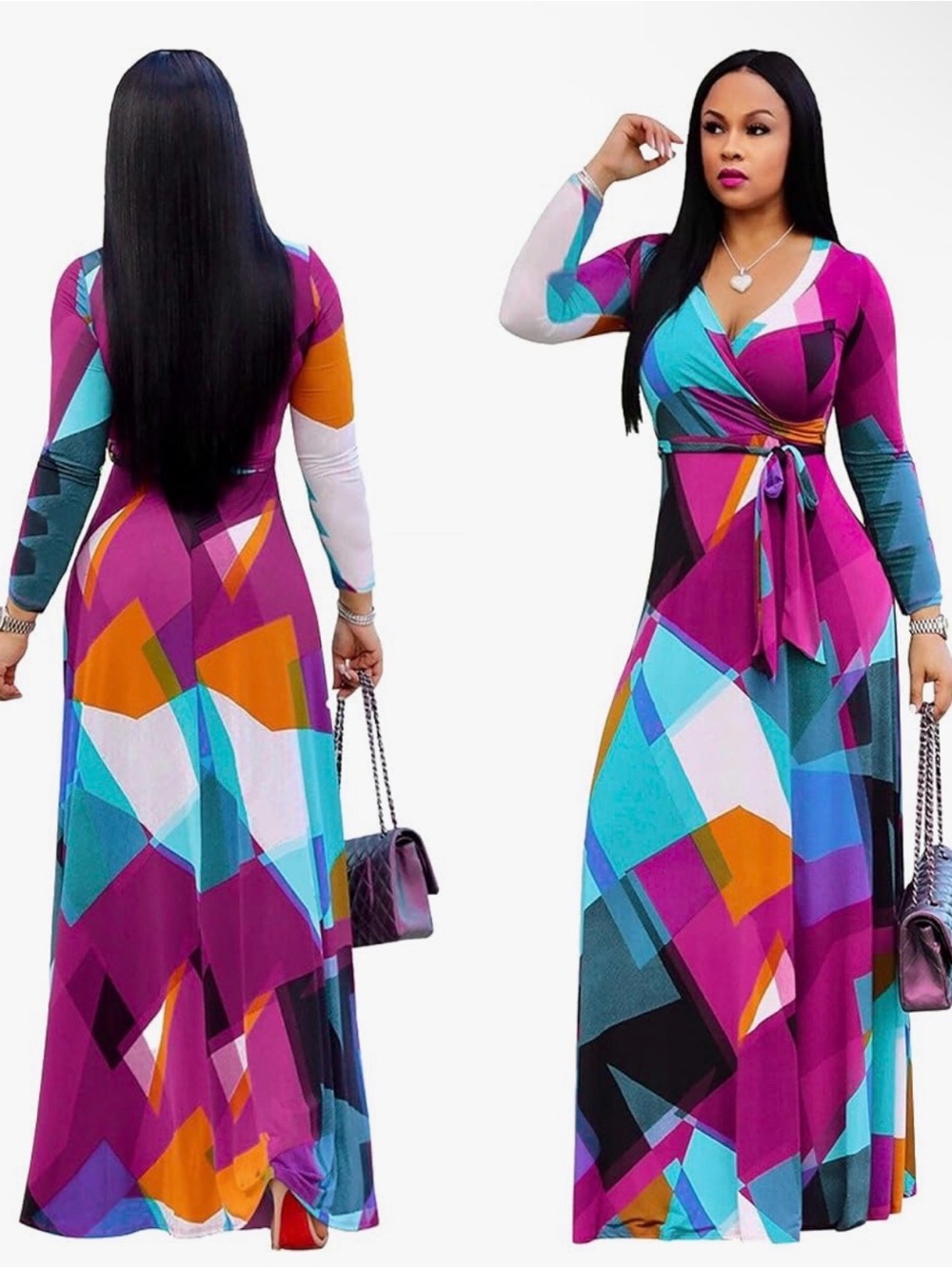 Source Unknown Purple Multi Geometric Wrap Maxi Dress